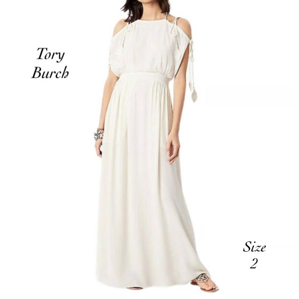 Tory Burch Dress Women's Size 4 Ivory Cold Shoulder Maxi Evalene Leaf Elegant